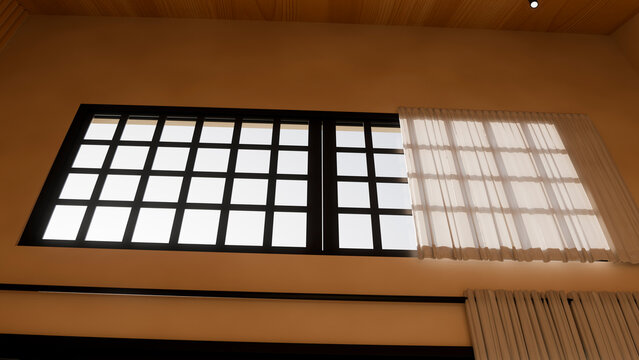 Window with grid pattern and sheer curtain in interior room