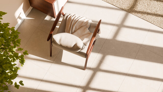 Wooden chair with pillow and blanket in sunlit modern interior