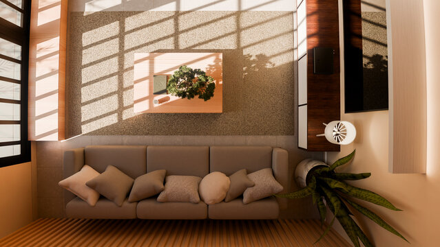 Modern living room with sofa, coffee table, and indoor plants