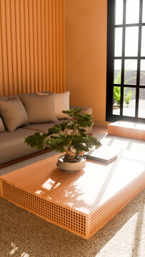 Bonsai tree on wooden coffee table in sunlight in modern living room
