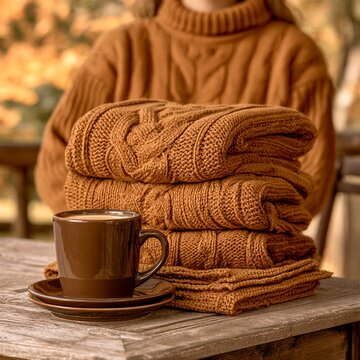 Cozy Brown Cable Knit Sweaters and Coffee in Warm Autumn Light