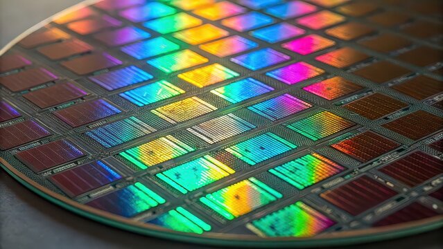 Silicon semiconductor wafer surface displaying vibrant iridescent microchip diffraction