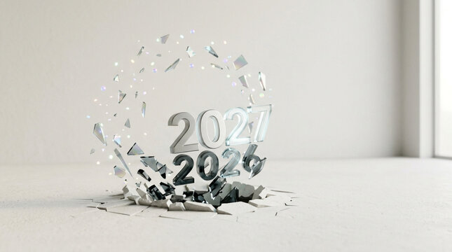 New year 2026 silver balloons exploding into confetti against a wall