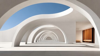 Fototapeta premium White concrete arches receding into distance under clear blue sky with wooden bench visible through opening, architectural design