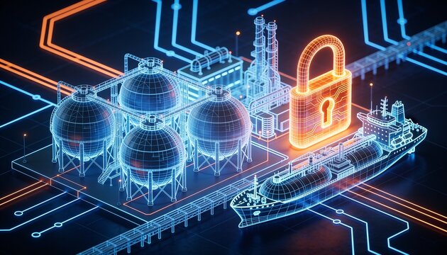 Isometric LNG export port with cyber orange lock shield, holographic blue wireframe storage spheres and tanker vessel on dark navy, energy logistics data security technology illustration