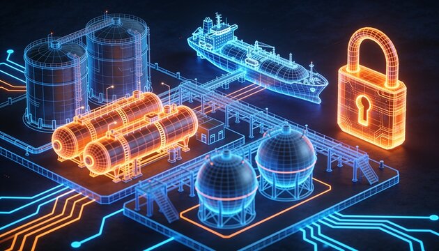 Isometric LNG export port with cyber orange lock shield, holographic blue wireframe storage spheres and tanker vessel on dark navy, energy logistics data security technology illustration