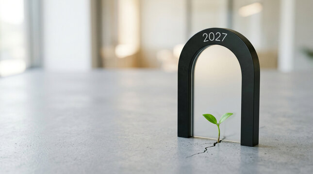 Small green plant growing through a crack in the floor under a 2027 arch