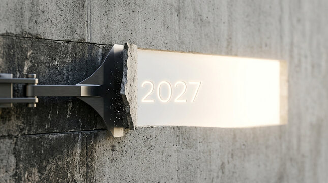 Close-up of a construction site light beam projecting 2027 on a wall