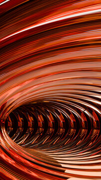 Abstract shiny curved metallic loops with orange red light streaks