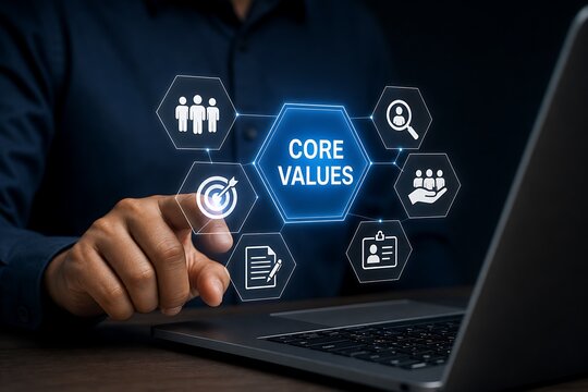 Businessman touching digital screen displaying core values text with business icons on laptop