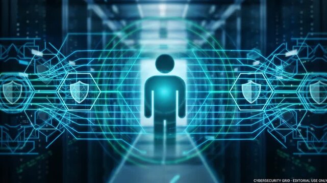 Digital technology displaying glowing data security interface with shield icons inside server room, representing cyber defense and network protection for information systems infrastructure.
