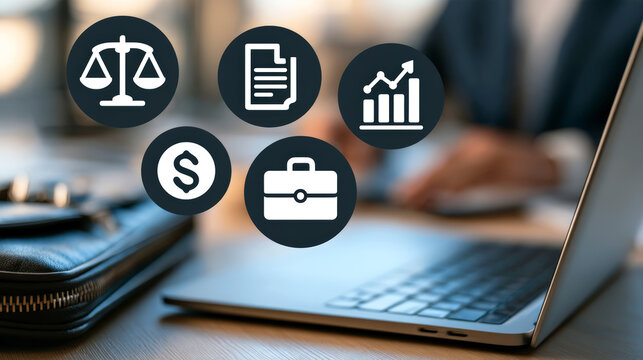 Legal representative managing financial documents and business compliance through digital workplace systems