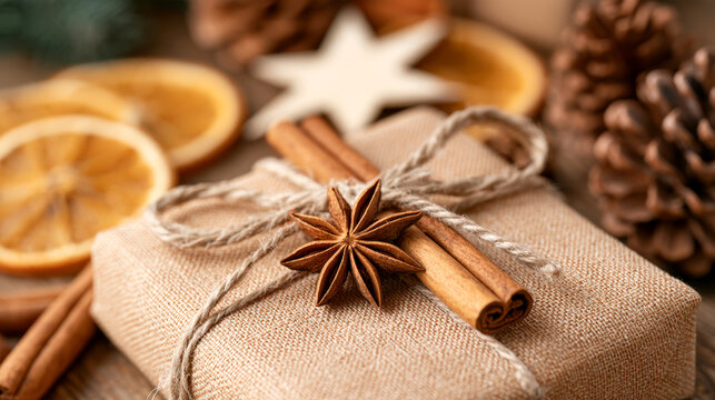 Rustic Christmas gift wrapped with cinnamon star anise and dried orange