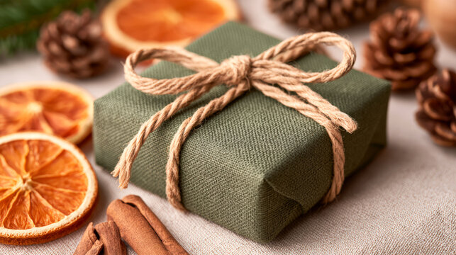 Rustic Christmas gift wrapped in green fabric with twine and dried oranges