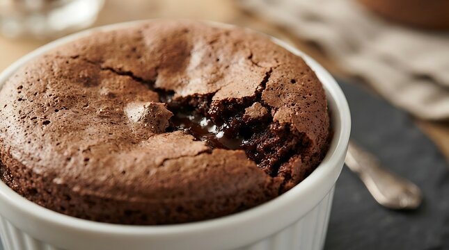 A warm chocolate souffle in a white ramekin perfect for celebrating national chocolate souffle day with a sweet treat