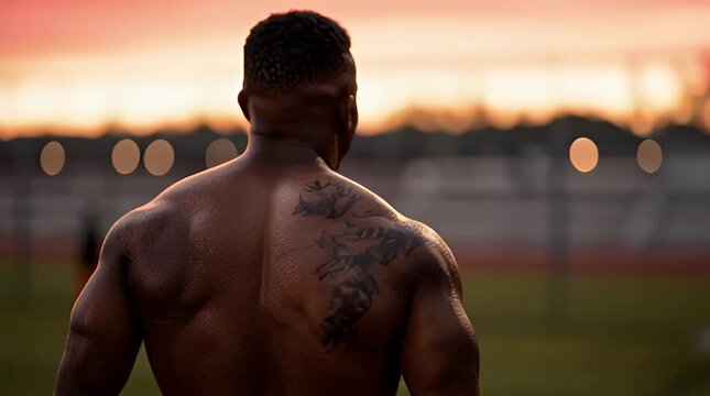 Athletic Man Training Outdoors at Sunset; Powerful Back Muscles and Tattoos Visible During Intense Workout on Track Field with Vibrant Orange Sky Backdrop