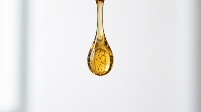 Golden Serum Droplet Falling with Internal Bubbles Isolated on White Background - Macro Scientific