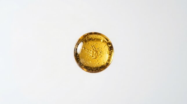 Golden Serum Droplet Falling with Internal Bubbles Isolated on White Background - Macro Scientific
