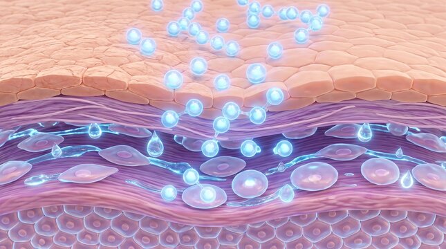 3D animation showing hyaluronic acid penetrating through skin layers in cross-section, illustrating hydration absorption, moisture retention, cellular replenishment