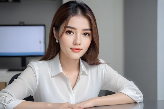 Portrait of a confident young Asian businesswoman leaning on office desk