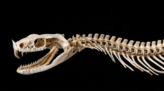 High-angle macro close-up of snake skull and spine articulated skeleton isolated against solid black background, revealing reptile anatomy, bones, vertebrate structure and natural science concept