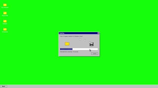Retro computer file transfer progress windows on green screen