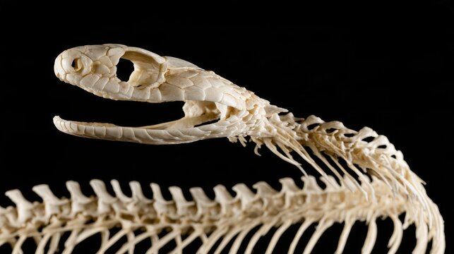 High-angle macro close-up of snake skull and spine articulated skeleton isolated against solid black background, revealing reptile anatomy, bones, vertebrate structure and natural science concept