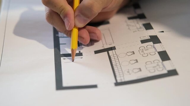 Close-up of designer hand making handwritten corrections and notes on an architectural floor plan with a pencil. Technical drawing with room layouts, dimensions and revisions. Interior design