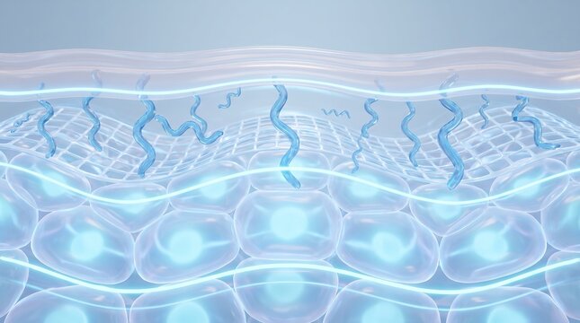 3D animation showing hyaluronic acid penetrating through skin layers in cross-section, illustrating hydration absorption, moisture retention, cellular replenishment