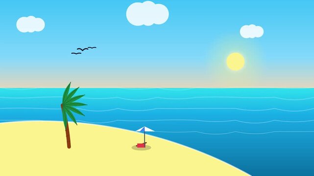 Minimalist flat 2D animation of a tropical beach with a palm tree, beach umbrella, and chair under a sunny sky with waves.