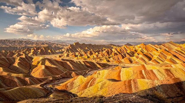 Stunning colorful hills of zhangye qicai danxia under a cloudy sky