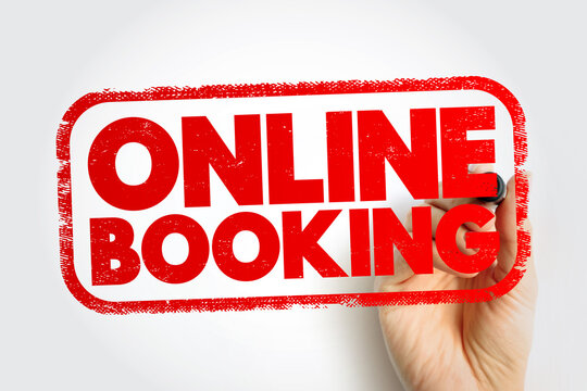 ONLINE BOOKING text stamp, illustrating a clear service announcement. The textured frame and strong lettering make it ideal for promoting digital scheduling or reservation features