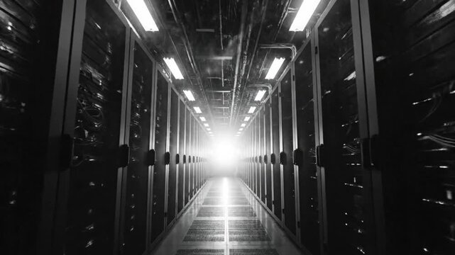 Black and white view of a server room with a bright light at the end of the long hallway