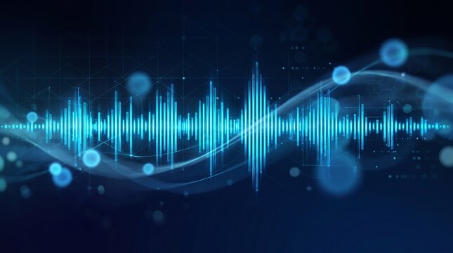 Glowing blue audio frequency visualization with abstract light effects on a dark technology background