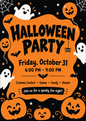 Halloween party invitation flyer template with cute ghosts, pumpkins, bats, and spiders on an orange background © Mojibur