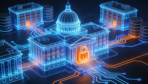 Isometric government headquarters with cyber orange lock shield, holographic blue wireframe capitol dome and records archive on dark navy, public sector data security technology illustration