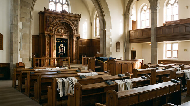 Interior of a historic wooden synagogue with ark and seating, traditional religious architecture and worship space