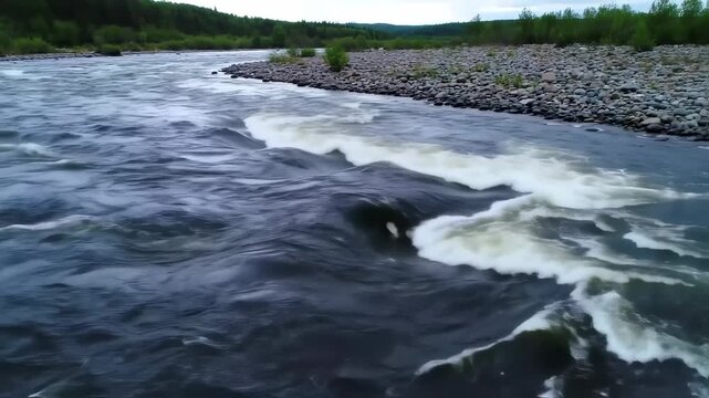 Fast-flowing river with foamy white rapids