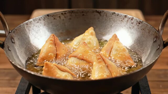 Traditional Indian Samosas Deep Frying in a Metal Karahi Wok