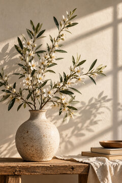 Elegant minimalist botanical still life featuring delicate ivory magnolia flowers arranged in a rustic ceramic vase against a warm textured plaster wall. Soft natural sunlight creates beautiful botani