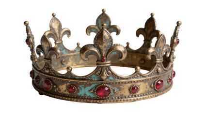 Ornate antique gold crown with fleur-de-lis and red jewels, isolated on transparent background © roofi