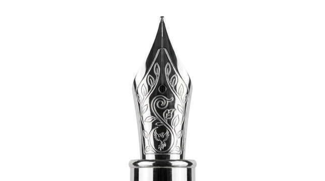 Close-up elegant engraved fountain pen nib studio shot white
