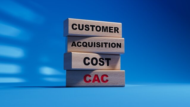 wood cubes and blocks with the text CAC Customer Acquisition Cost. Manufacturing of wooden toys.3D rendering