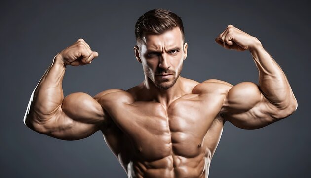 Powerful Shirtless Bodybuilder Flexing in Studio Portrait.