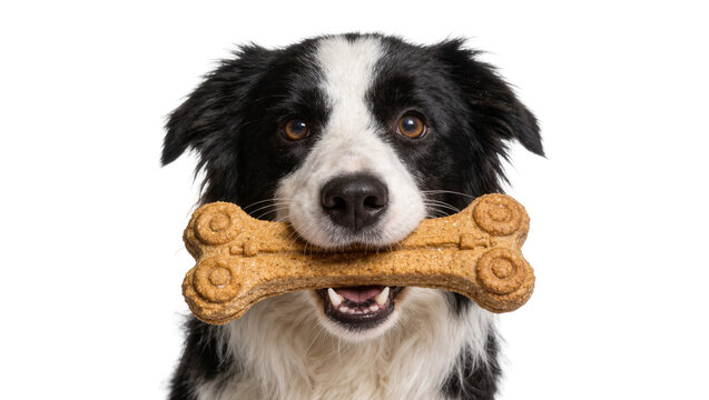 Black and white Border Collie dog holding a bone-shaped biscuit, isolated on transparent background