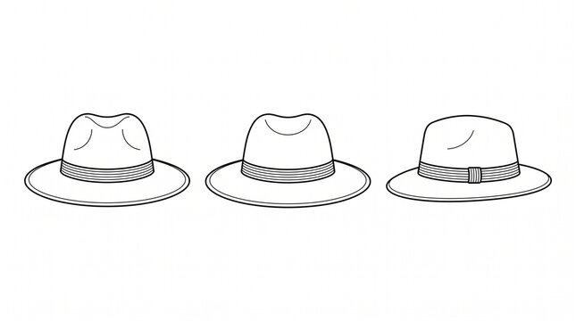 Set of Fedora Hat Outline Vector Illustration, Classic Trilby Hat Line Art Collection