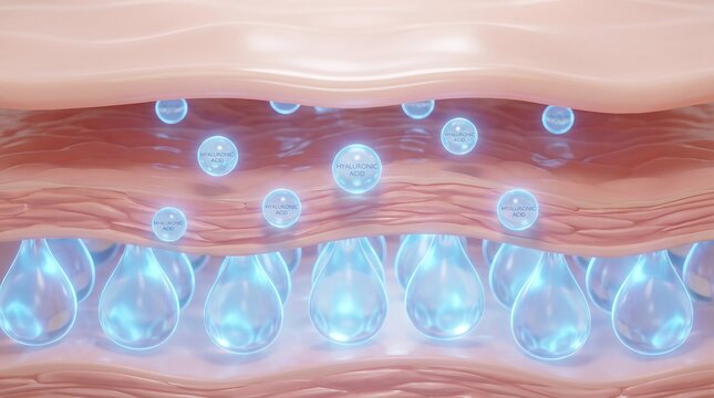 3D animation showing hyaluronic acid penetrating through skin layers in cross-section, illustrating hydration absorption, moisture retention, cellular replenishment