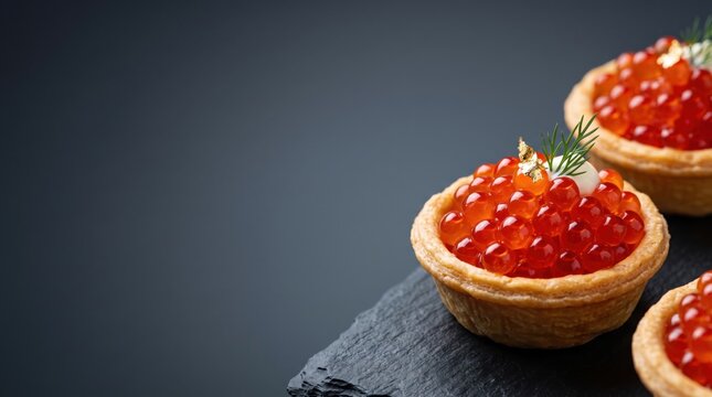 Red caviar tartlets on slate against a dark background, styled as a gourmet appetizer with crisp texture, elegant tableware and a spacious setting