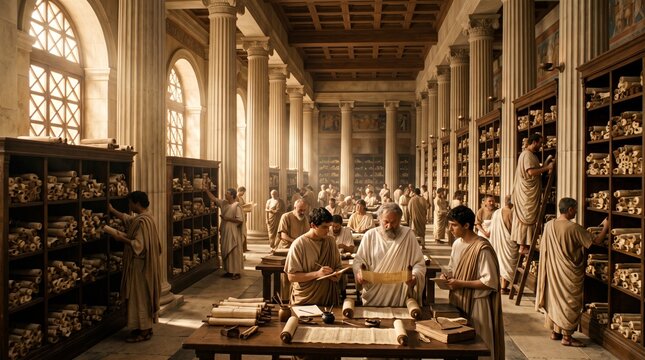 Ancient scholar reads a papyrus scroll to young students in a sunlit classical library flanked by shelves of manuscripts.