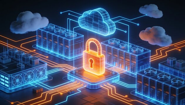 Isometric server farm complex with cyber orange lock shield, holographic blue wireframe server racks and cooling systems on dark navy, cloud computing data security technology illustration